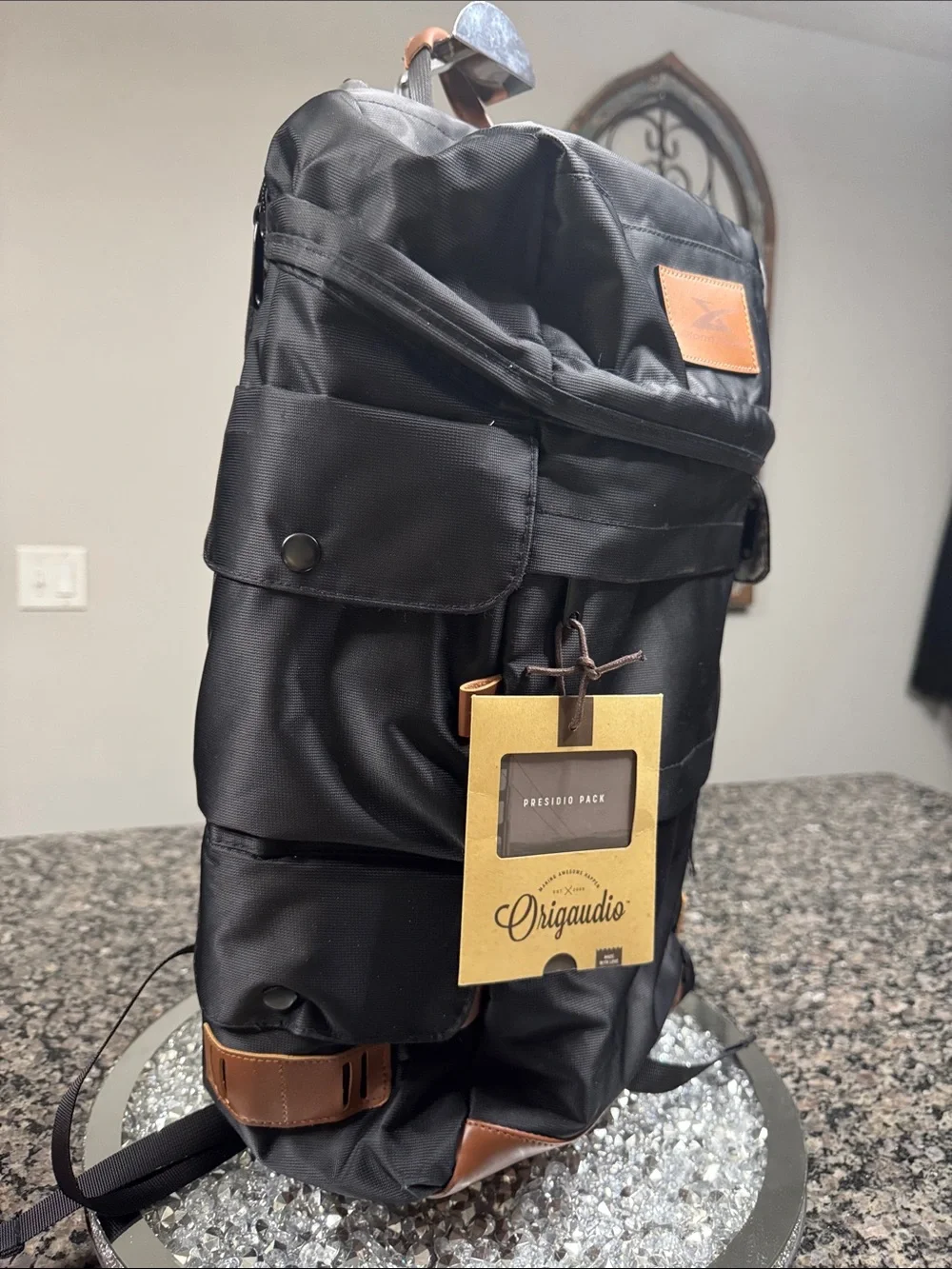Storm dude Black Men's laptop Backpack with Brown Leather Trim NWT
